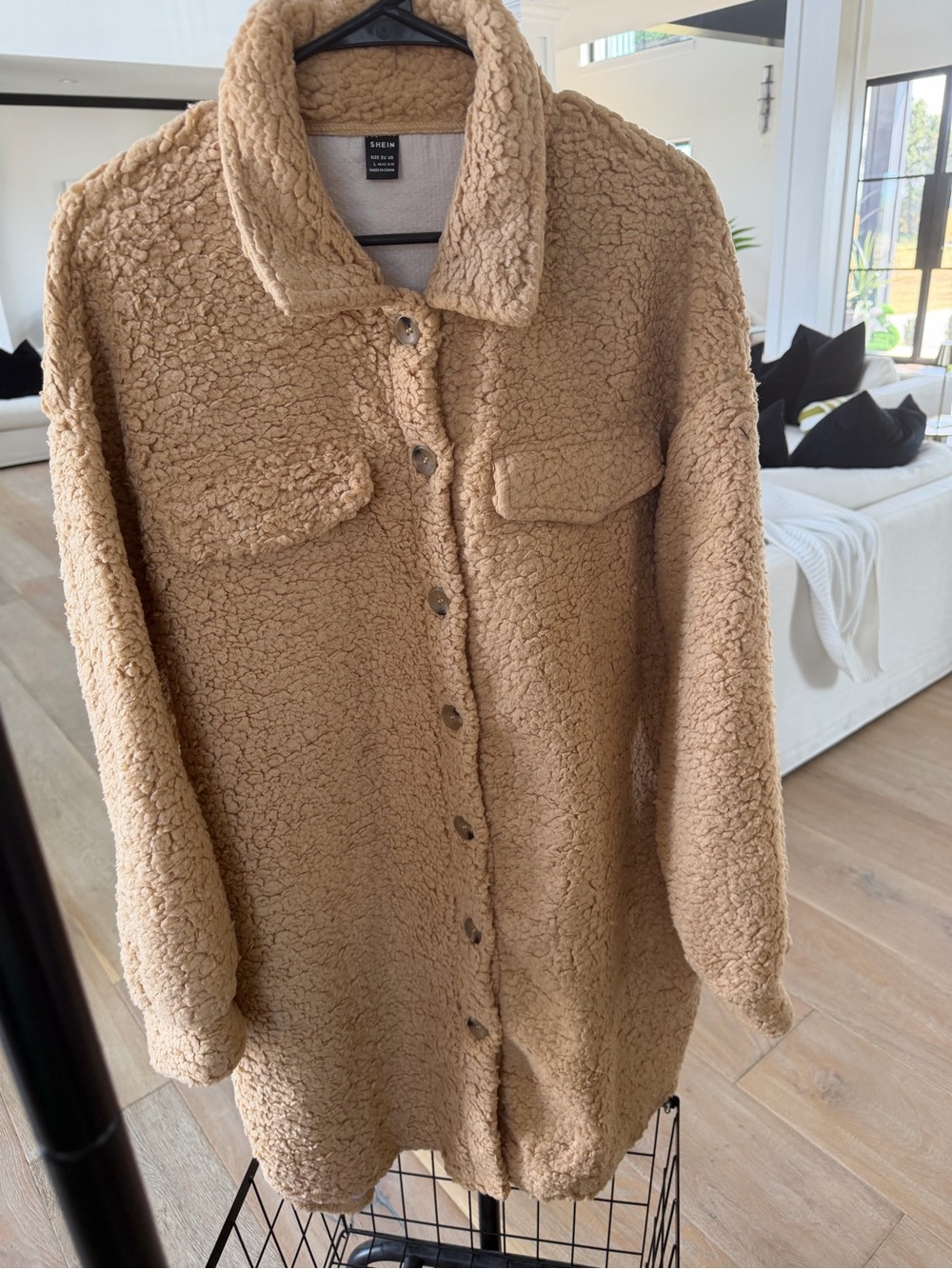 SHEIN Beige Teddy Button-Front Shacket